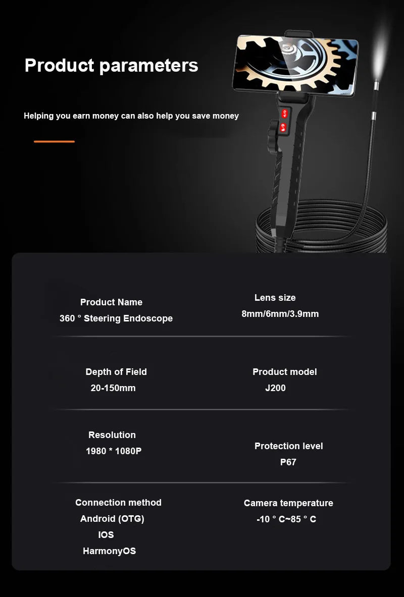 8.5/6.2/3.9mm Single Lens 1080P Endoscope 360° 2 Ways Suitable for Automotive Diesel Engine Carbon Deposition Aviation Detection