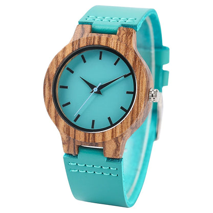 Unique Blue Genuine Leather Quartz Watch Men Women Fashion Minimalist Zebrawood Watch Case Couple Wristwatches Anniversary Gift