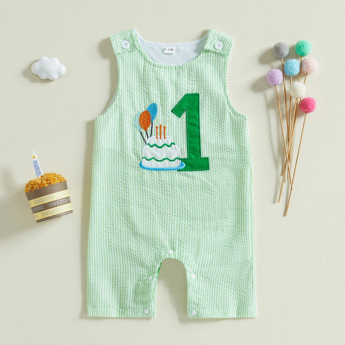 FOCUSNORM 3 Colors 0-18M Lovely Baby Boys Overalls Romper Sleeveless Letter Embroidery Cake Striped Birthday Jumpsuits