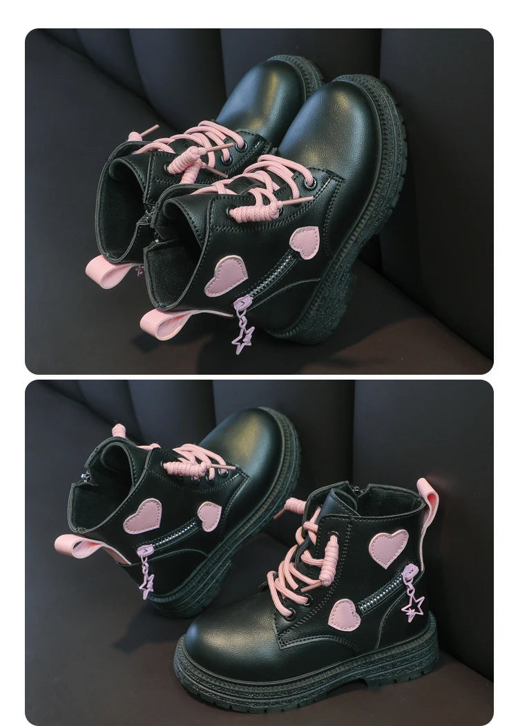 Girls Boots Kids Fashion Rubber Boots Cool Girl Autumn and Winter Cotton Soft Sole Pink with Love Side Zip Princess Round-toe PU