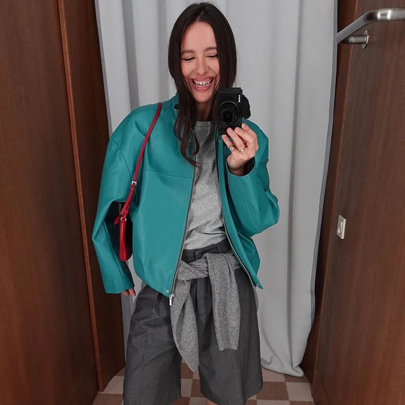 Street Pu Leather Women Jacket Elegant Long Sleeve Zippers Stand Collar Female Outwear 2026 Autumn Winter Chic Lady Coat
