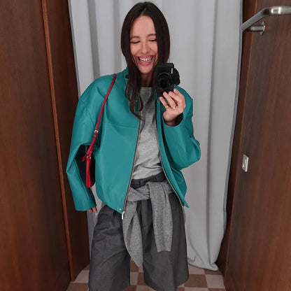 Street Pu Leather Women Jacket Elegant Long Sleeve Zippers Stand Collar Female Outwear 2026 Autumn Winter Chic Lady Coat