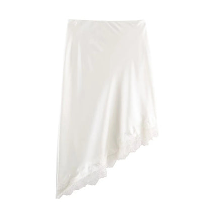 BSAY Lace Asymmetry Satin Texture Skirt Women Fashion Autumn Winter New Solid Chic Female High Waist Elegant Skirts Mujer