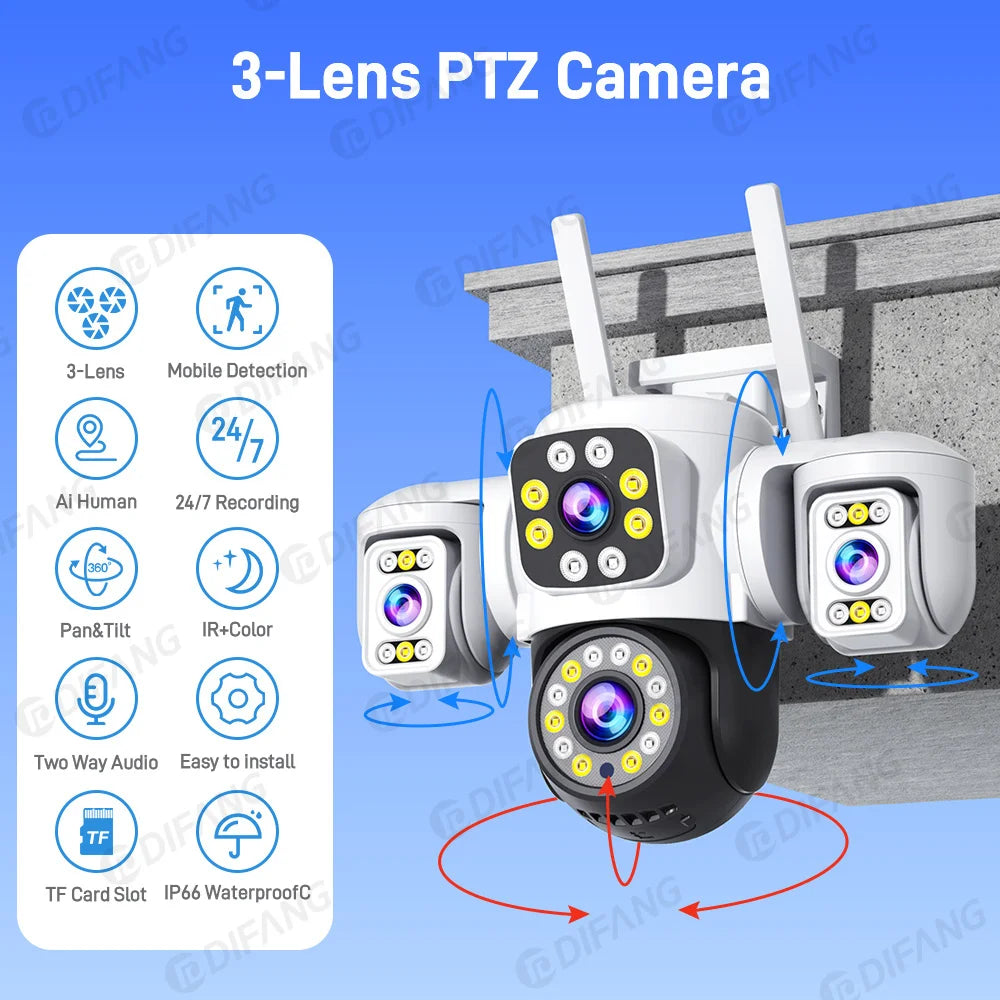 Yoosee 15MP WIFI Security Camera Outdoor AI Human Tracking 3 Lens 3 Screens 360° PTZ Surveillance Full Color Night Vision CCTV