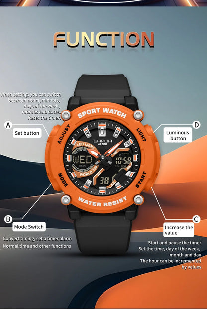 SANDA Outdoor Men's Electronic Wristwatch Large Dial Multifunctional Waterproof Luminous Alarm Military Sports Watch