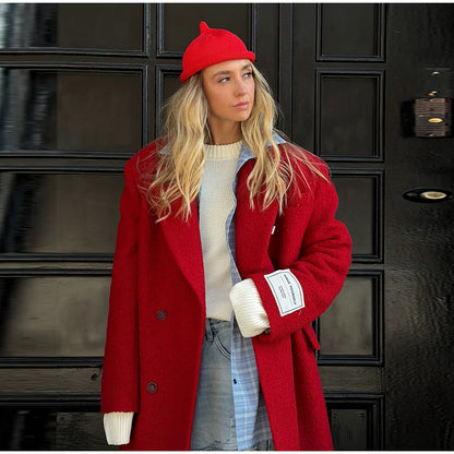 Women Olive Green Oversized Coat Notched Lapel Double Breasted Straight Outerwear Vintage Fall Winter Daily 2026 Office Outfit