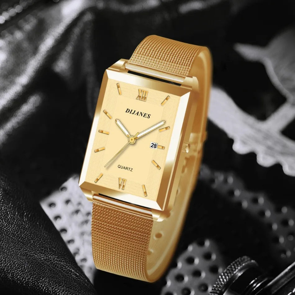 2 Piece/Set Fashion Casual Men's Watch Set Alloy Dial Strap Stylish Square Men's Watch with Date Display Ideal for Gift Giving