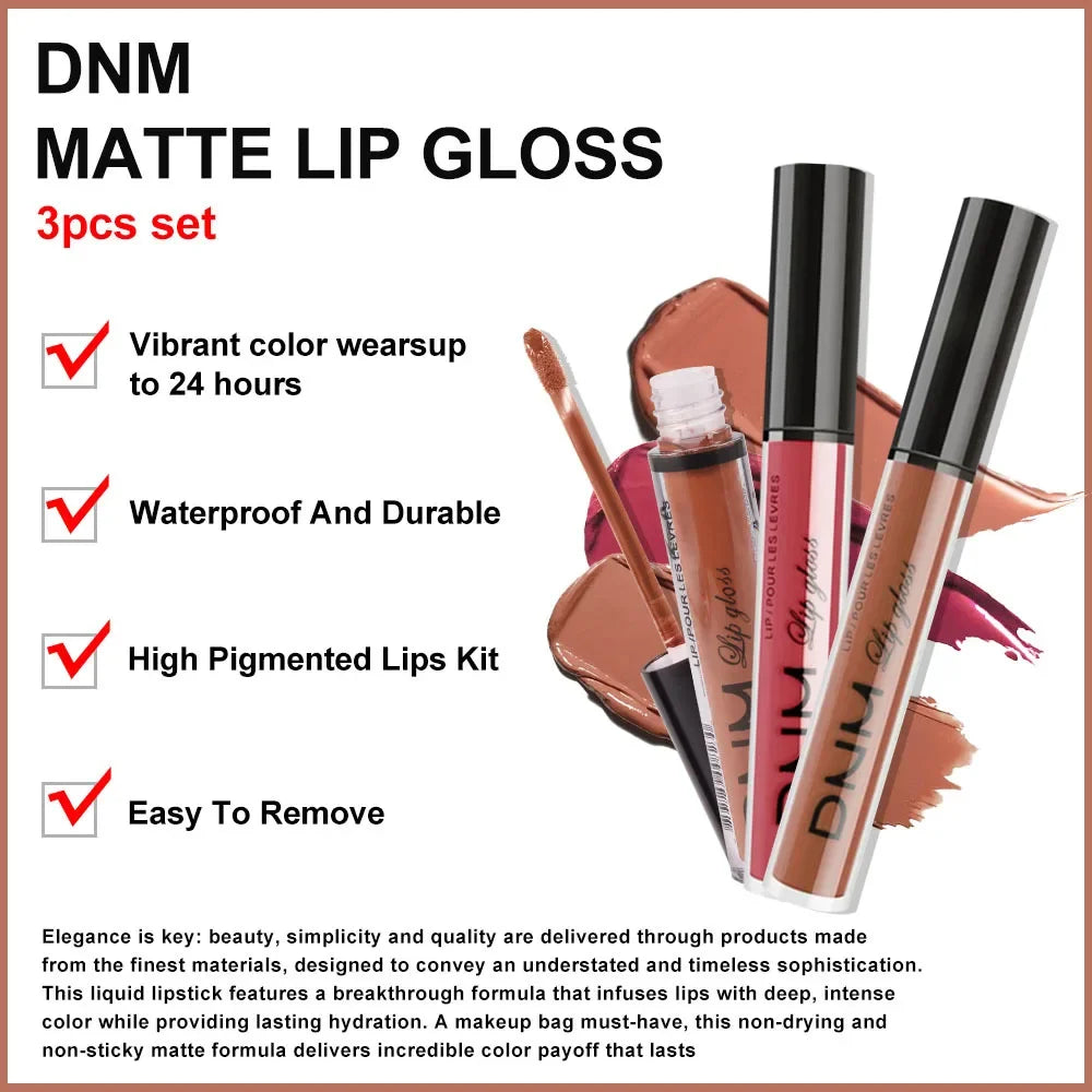 DNM 3PCS Liquid Lipstick Sets Waterproof Matte Black Blue Purple Blue Sexy Lip Gloss Long Lasting Nude Lip Tint Stain Makeup Kit