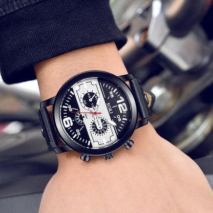 Sleek Men’s Watch Chic Brown Leather Band Quartz Watch Modern Black White Orange Three Eye Contrast Color Chronograph Wristwatch