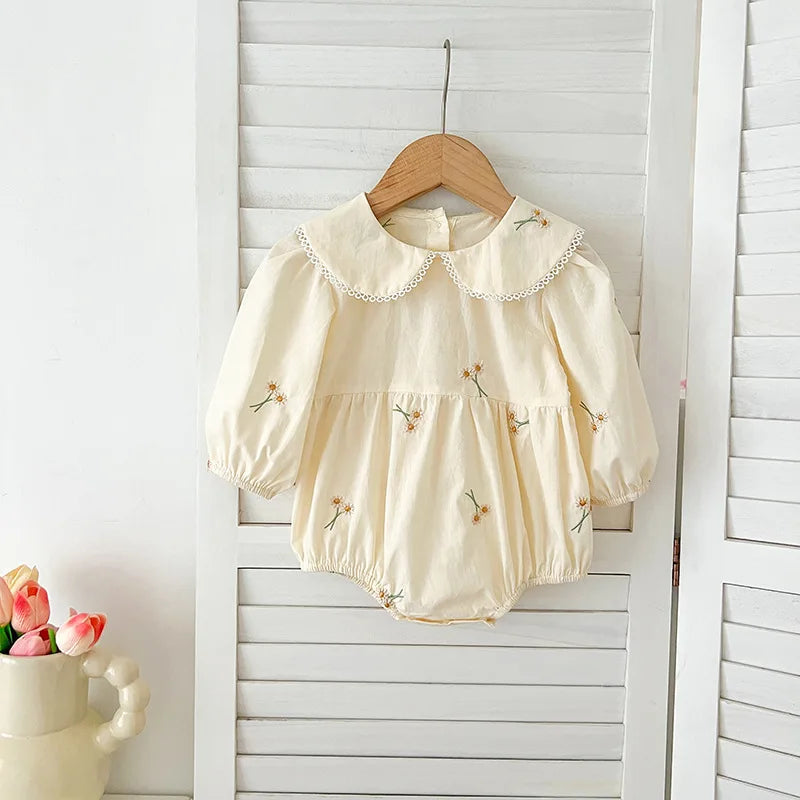 Spring 0-24M Baby Girl Clothing Toddler Baby Girl Romper Embroidery Flower Dots Cotton Romper White Infant Baby Girls Jumpsuit