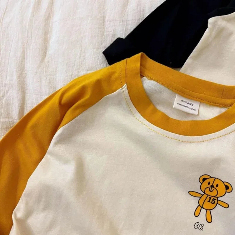 1-7y Toddler Infant Spring Autumn Tops Cartoon Printed Tees For Baby Girl Boy Long-Sleeved Casual Costume Fashion Patchwork Tees