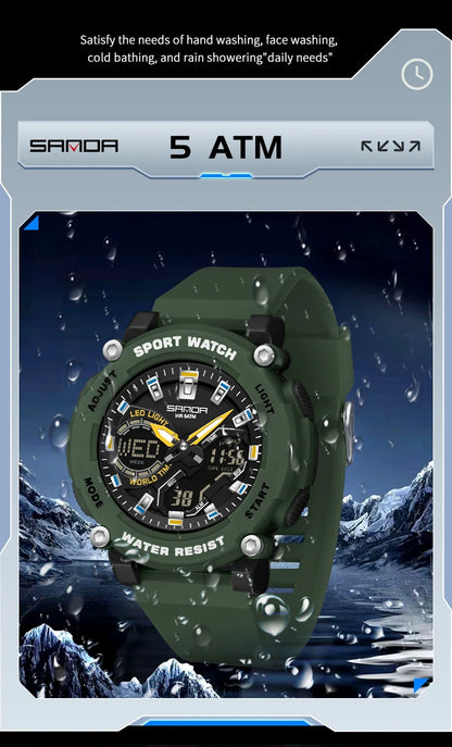 SANDA Outdoor Men's Electronic Wristwatch Large Dial Multifunctional Waterproof Luminous Alarm Military Sports Watch