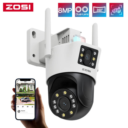 ZOSI C298 8MP/4MP Dual-Lens Wired WiFi PTZ Security Camera Outdoor Wide Angle 8X Hybrid Zoom AI Detection 360 Surveillane Camera