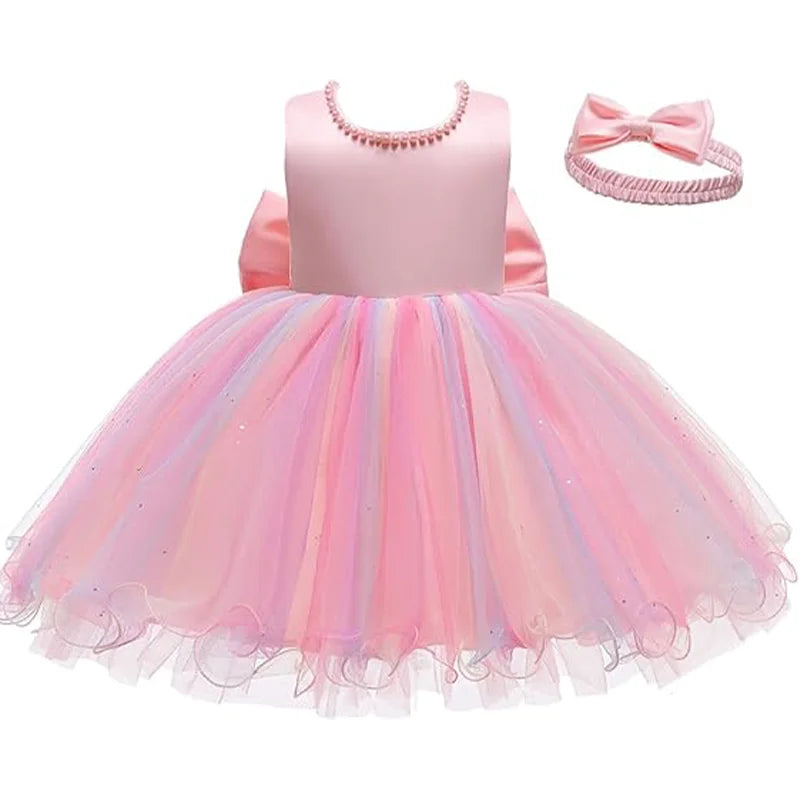 Infant Baby Tulle Backless Pageant Wedding Party Flower Girls Big Bow Dress With Headwear For Toddler Baptism Birthday Prom Gown