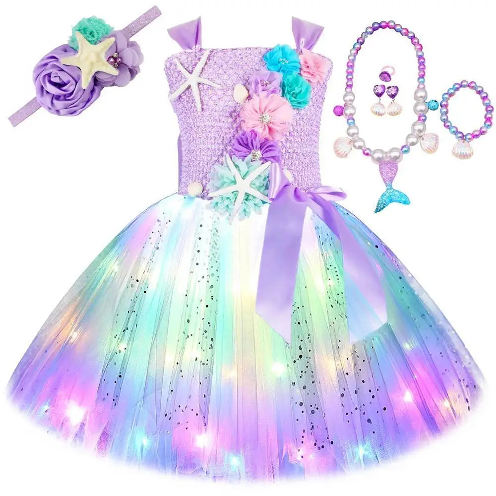 Girls' LED Flashing Mermaid Performance Clothing, Kids' Birthday Beauty Outfit, Fish-Tail Floral Mermaid Princess Tulle Dress