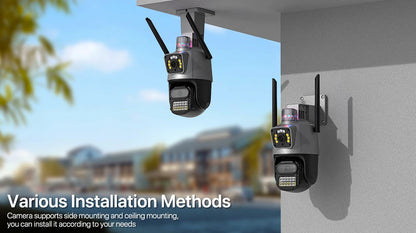 Outdoor Wifi PTZ Camera 4K 8MP HD Dual-Lens Dual Screen Camera AI Auto Tracking 4MP Video Surveillance Police Light Alarm iCSee