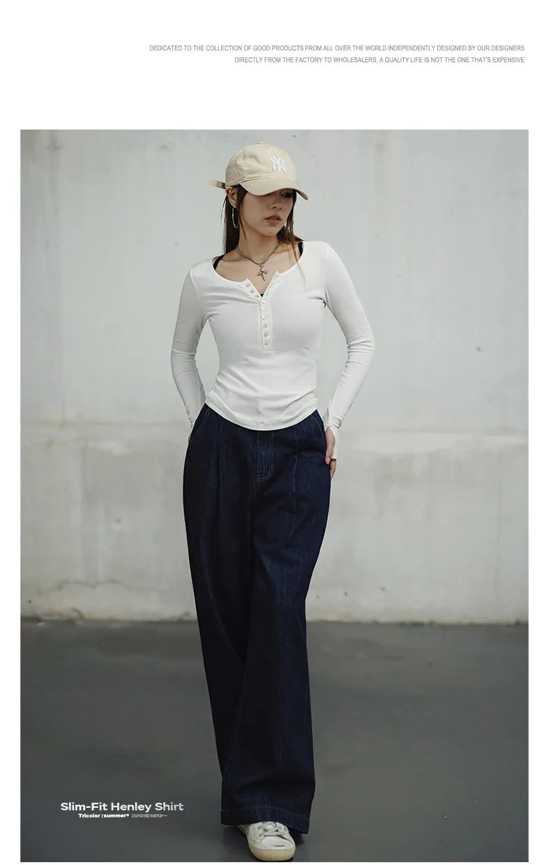 Maden Women’s Slim Fit Henley Shirt Ribbed Knit Long Sleeve T-shirt O-Neck Layering Top Solid Color Autumn Winter Inner Wear