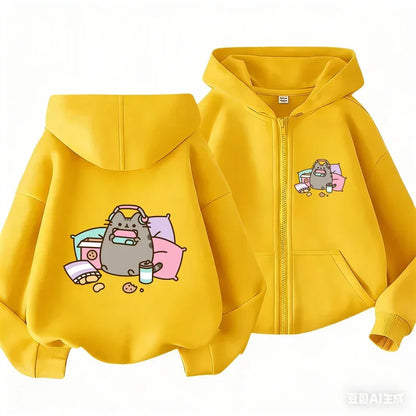 Cozy Pusheen Cat With Headphones Snacks Front Back Zip Up Hoodie For Kids Long Sleeve Lovely Cartoon Casual Outerwear Jacket