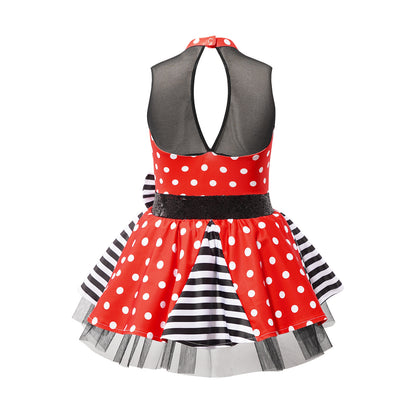 Girls Jazz Latin Ballet Dance Dress Polka Dots Print Mesh Sequin Bowknot Tutu Dress Birthdays Party Wedding Flower Girl Dresses
