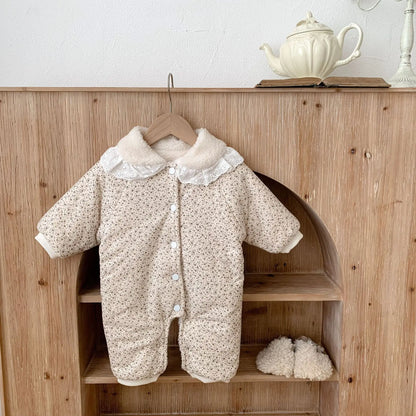 Korean Baby Cotton Jumpsuit Thickened Hooded Romper Plush Warm Autumn Winter Newborn Clothes Floral Princess Bodysuit Ropa Bebe
