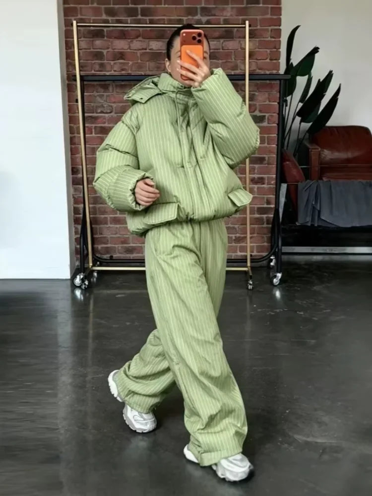 Stripe Women's Padded Cotton Coats Pant Suit Hooded Zipper Puffer Coat Loose Thick Pants 2026 Fashion Lady Autumn Winter Ski Set