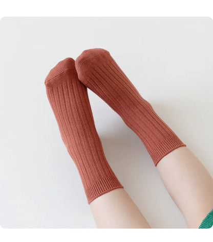 5 Pairs/Lot Children'S Socks Set Solid Color Double Needle Cotton Kids Mid-Tube Socks Candy Color Boys And Girls Student Socks
