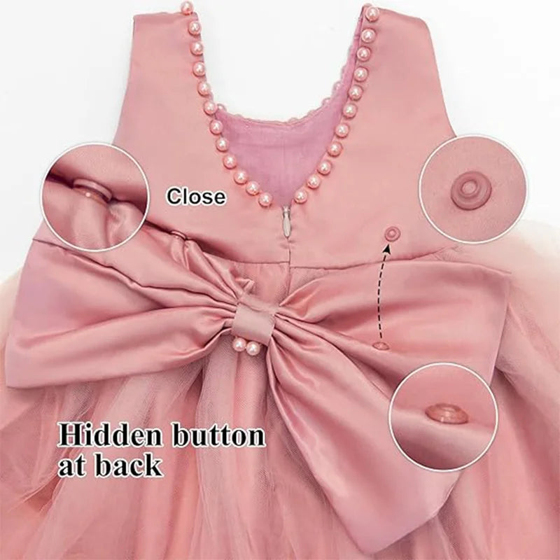 Infant Baby Tulle Backless Pageant Wedding Party Flower Girls Big Bow Dress With Headwear For Toddler Baptism Birthday Prom Gown