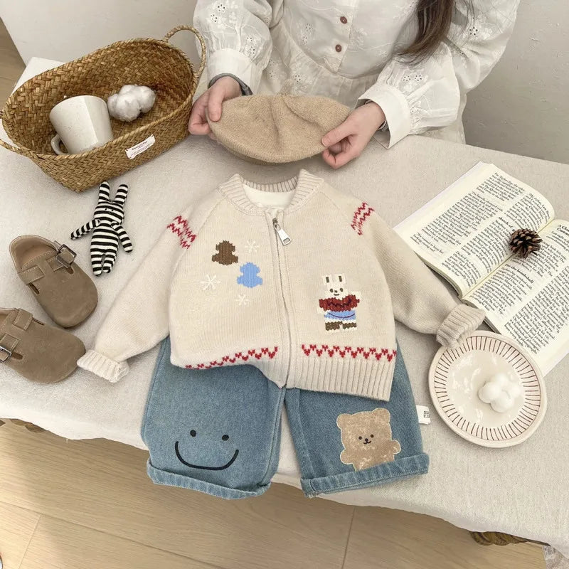 Baby Sweater Early Spring Korean Style Fashion Knitted Cardigan Spring and Autumn Girls' Cartoon Cute Sweater Versatile