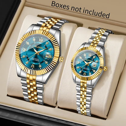 2PCS Fashion Couple's Watches Set Luxury Rhinestone Roma Dial Women Quartz Watch Men Calendar Business Wristwatches（Without Box）