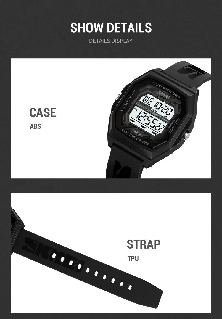 SKMEI 2282 Watches For Men Women 5Bar Waterproof Stopwatch Countdown Wristwatches Reloj Hombre Fashion Digital Sport Electronic