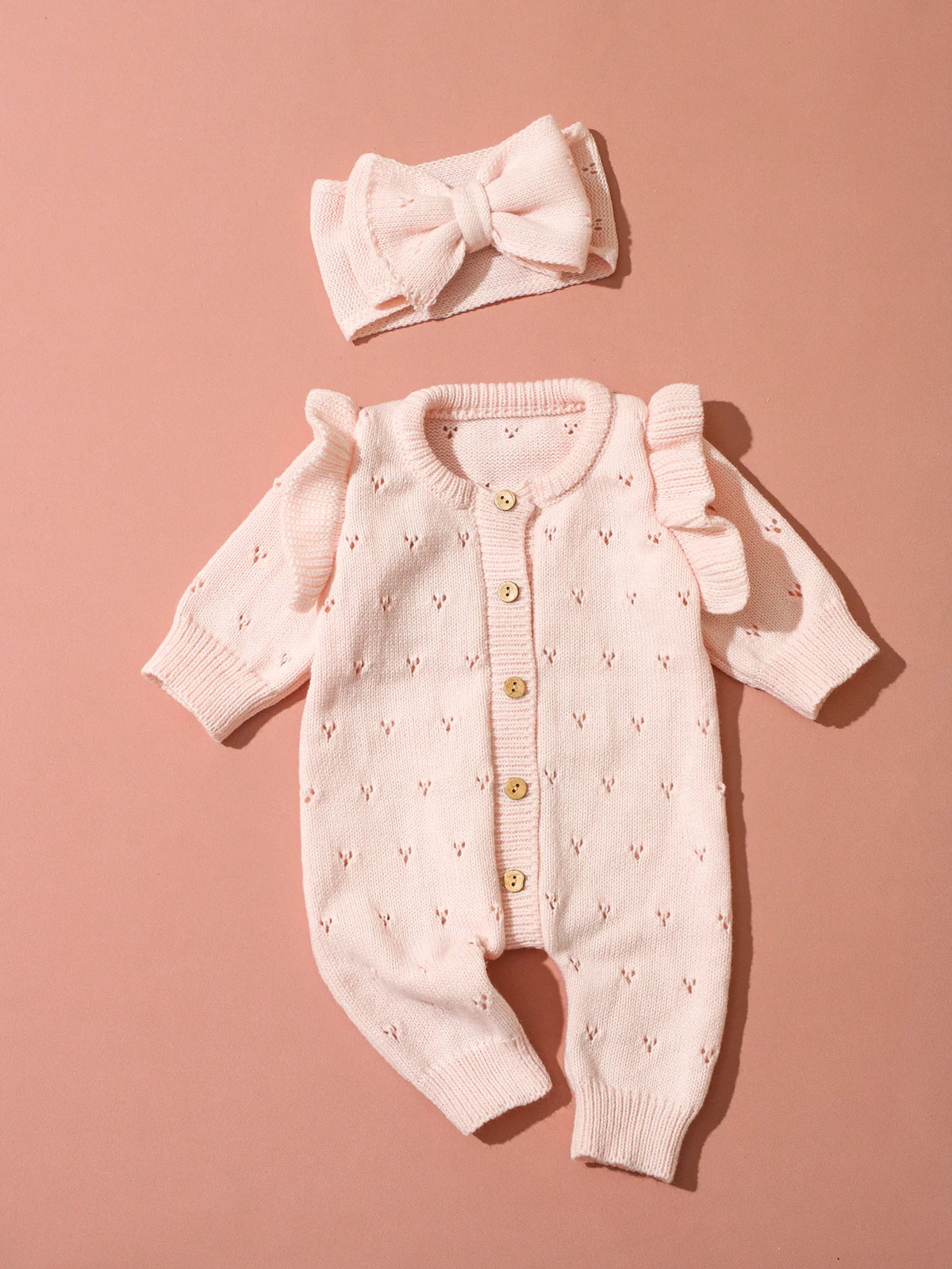 YlsteeeNewborn Baby Girl Knitted Romper Set with Bow Headband, Ruffle Sleeve Heart Knit Jumpsuit for 0-3M Photography Daily Wear