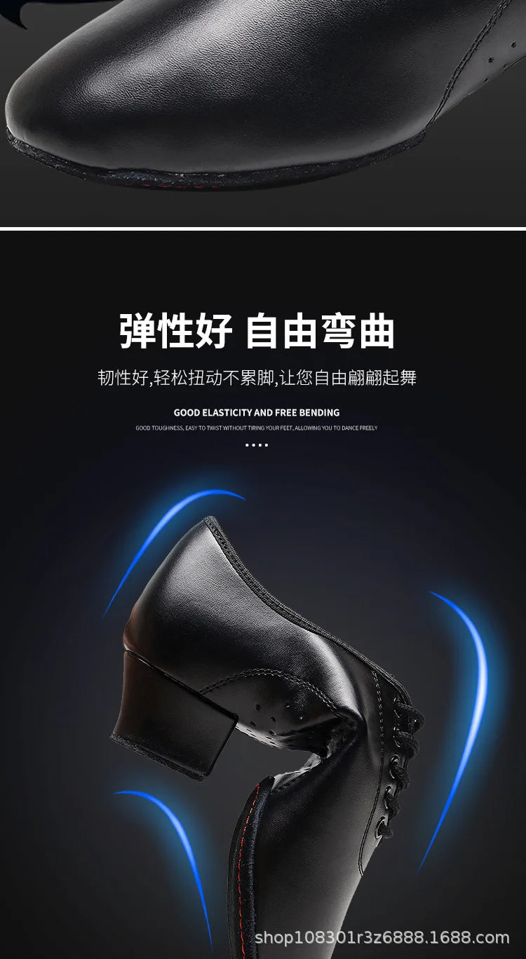 Children Latin Dance Shoes Boy Men Professional Leather Latin Shoes Black Soft Sole Kids Low-heeled Social Modern Dance Shoes