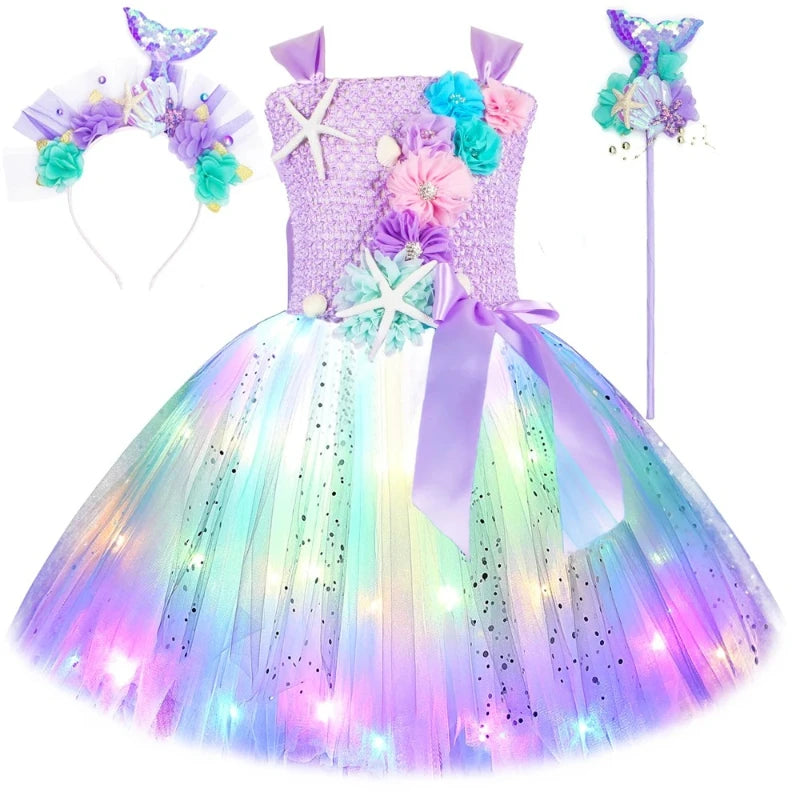 Girls' LED Flashing Mermaid Performance Clothing, Kids' Birthday Beauty Outfit, Fish-Tail Floral Mermaid Princess Tulle Dress