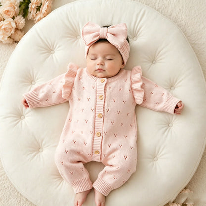 YlsteeeNewborn Baby Girl Knitted Romper Set with Bow Headband, Ruffle Sleeve Heart Knit Jumpsuit for 0-3M Photography Daily Wear
