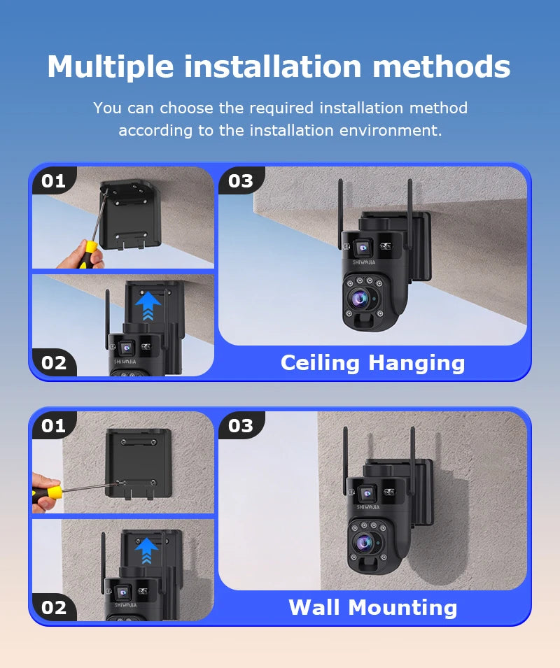 SHIWOJIA 60X ZOOM Solar Camera 4G 10MP AOV 24/7 Video Recording Dual Lens 360° 14W Solar Panel Security WIFI Camera PIR Monitor