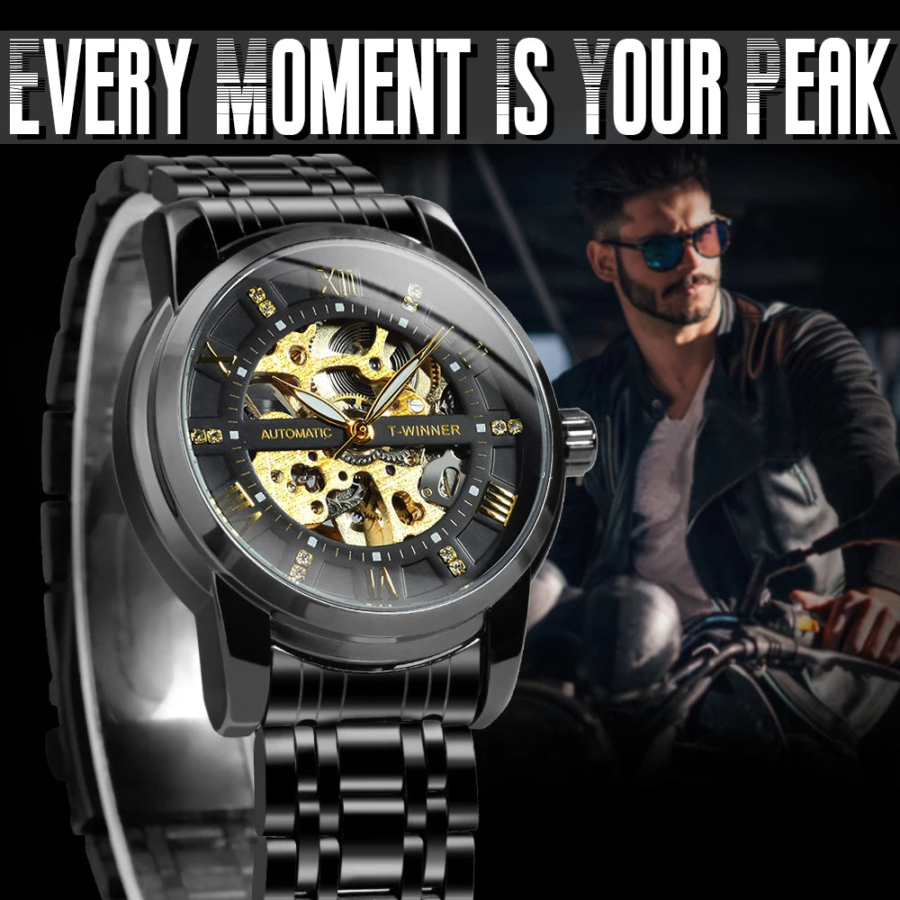 Fashion Skeleton Watch for Men Luminous Hands Iced Out Dial Stainless Steel Strap Business Classic Automatic Mechanical Watches