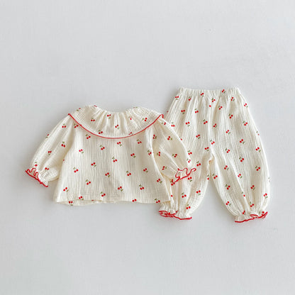 Little Cherry, A Full-Print Long-Sleeved Set With a Large Lapel, Sweet and Casual Long Pants