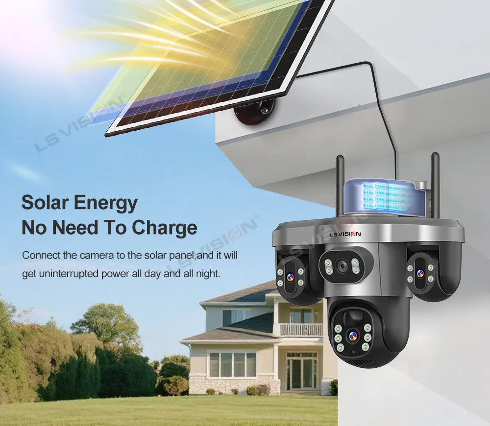 LS VISION Wireless WiFi Solar Camera Three Lens Three Screen 4G Sim Card Solar Cam Human Detection Outdoor Solar Surveillance