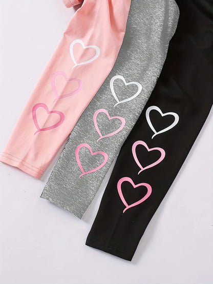 3-Pack: Girls' Solid-Color Casual Leggings (Heart Pattern) — Suitable for All Seasons; Fits Ages 3+