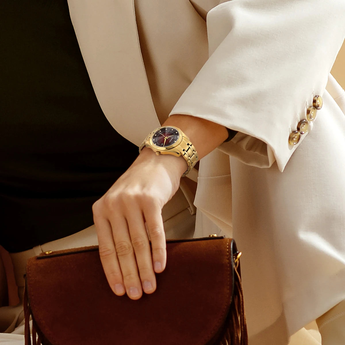 BERNY Golden Watch for Women Quartz Luxury Diamond Shape Lens Ladies Wristwatch Waterproof Stainless Steel Fashion Women Watch