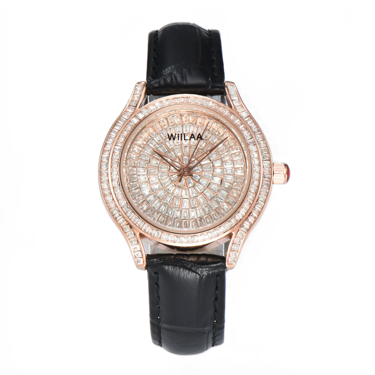 WIILAA Luxury Women's Crystal Quartz Watch - Full Baguette Rhinestone Dial Black Leather Strap Ladies Fashion Wristwatch for Par