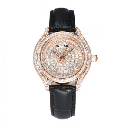 WIILAA Luxury Women's Crystal Quartz Watch - Full Baguette Rhinestone Dial Black Leather Strap Ladies Fashion Wristwatch for Par