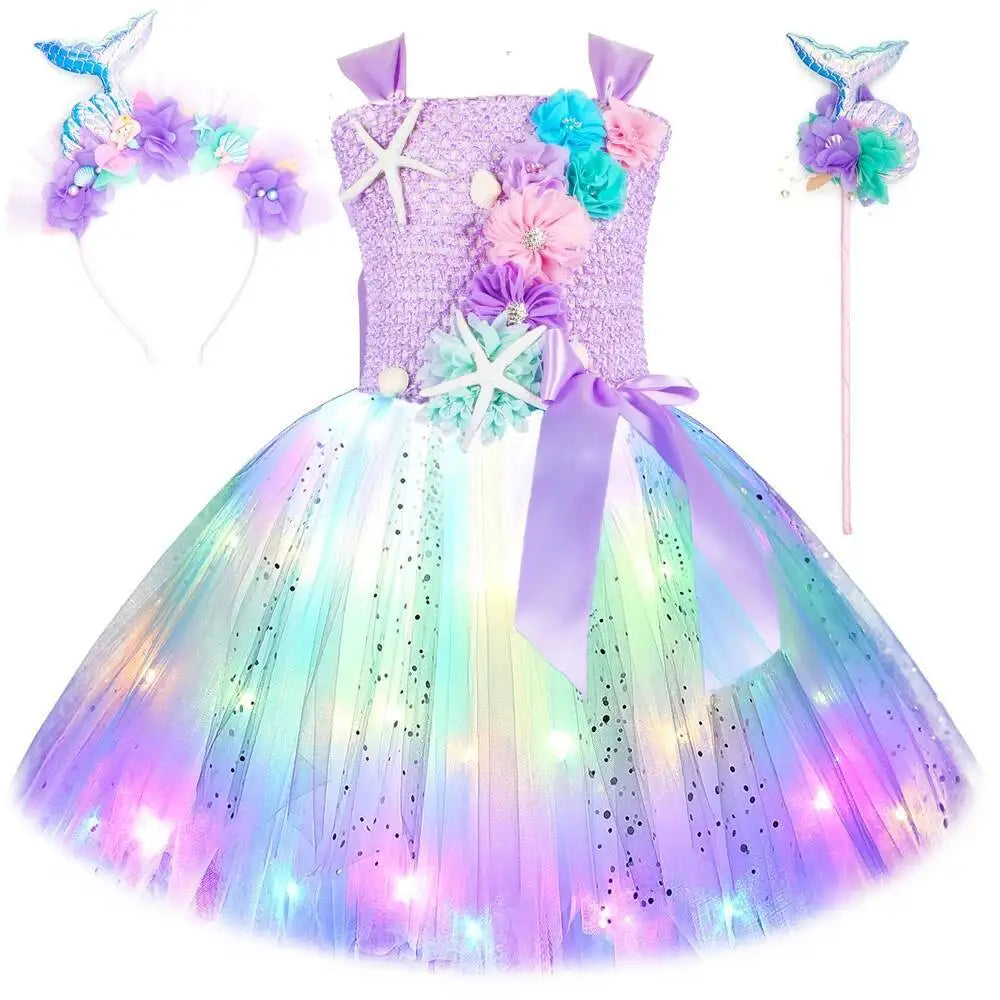 Girls' LED Flashing Mermaid Performance Clothing, Kids' Birthday Beauty Outfit, Fish-Tail Floral Mermaid Princess Tulle Dress