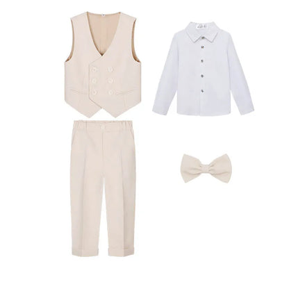 Teenager Kids Beige WaistCoat Shirt Pants Bowtie Tuxedo Dress Boys Vest Suit For Wedding Children Host Photograph Party Costume
