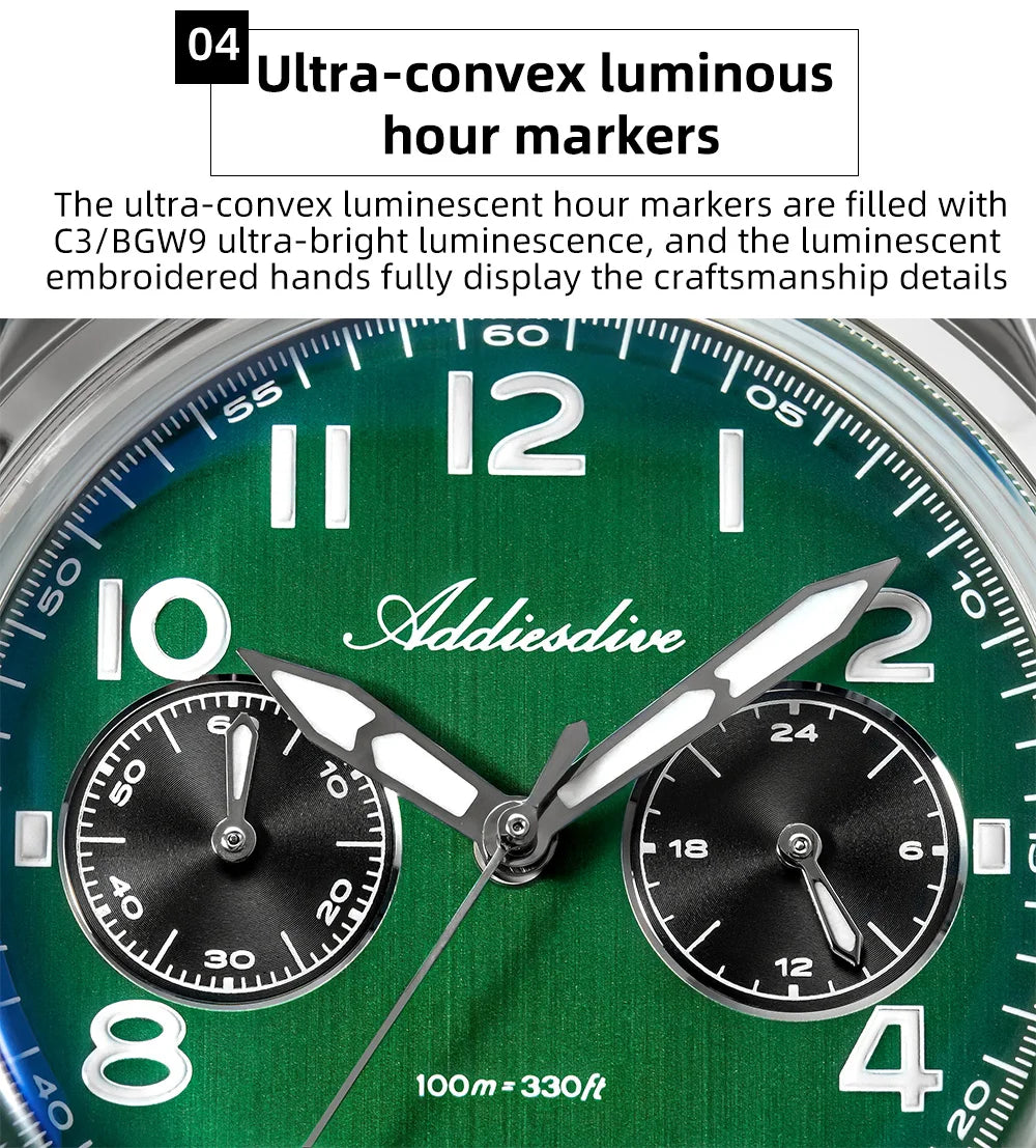 ADDIESDIVE New 2025 Chronograph 38mm Men's Watches VK64 Quartz Wristwatch Luminous Bubble Mirror 10Bar Waterproof Steel Watch