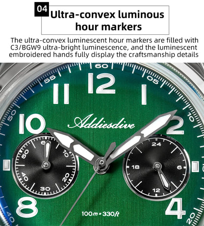 ADDIESDIVE New 2025 Chronograph 38mm Men's Watches VK64 Quartz Wristwatch Luminous Bubble Mirror 10Bar Waterproof Steel Watch