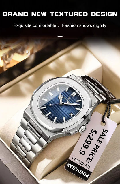 POEDAGAR Luxury Watch For Man Waterproof Luminous Date Men Wristwatch Square Stainless Steel Business Men's Quartz Watches Reloj