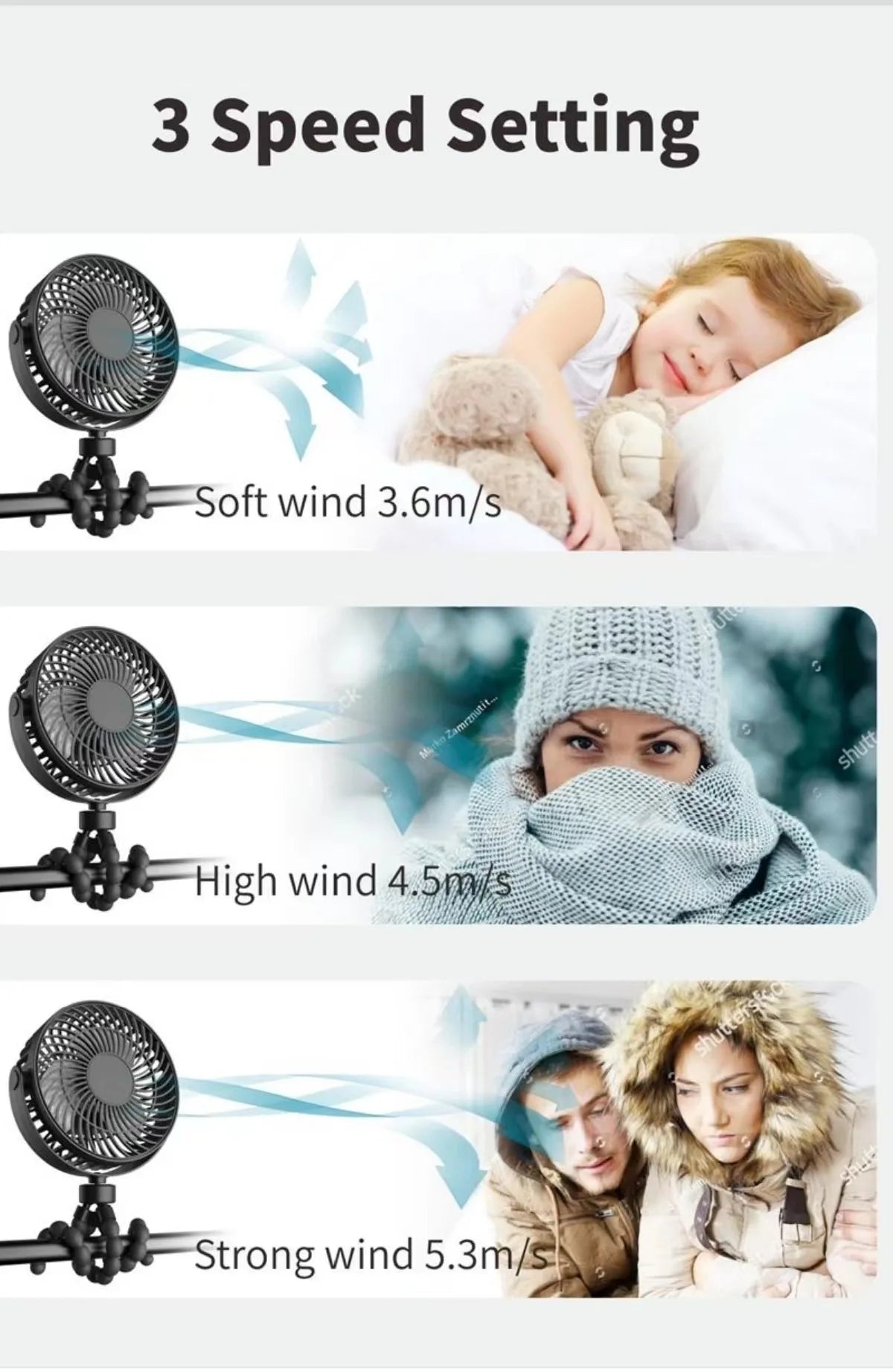Fan for Cart Stroller Fan Portable Outdoor Fan Clip On for Baby 500mAh USB Rechargeable Handheld Electric Fan for Home 3 Speeds