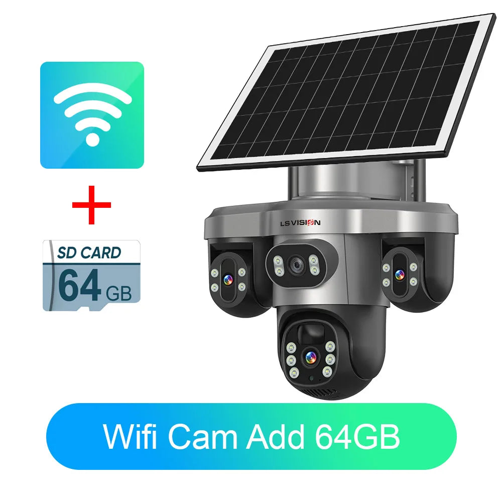 LS VISION Wireless WiFi Solar Camera Three Lens Three Screen 4G Sim Card Solar Cam Human Detection Outdoor Solar Surveillance