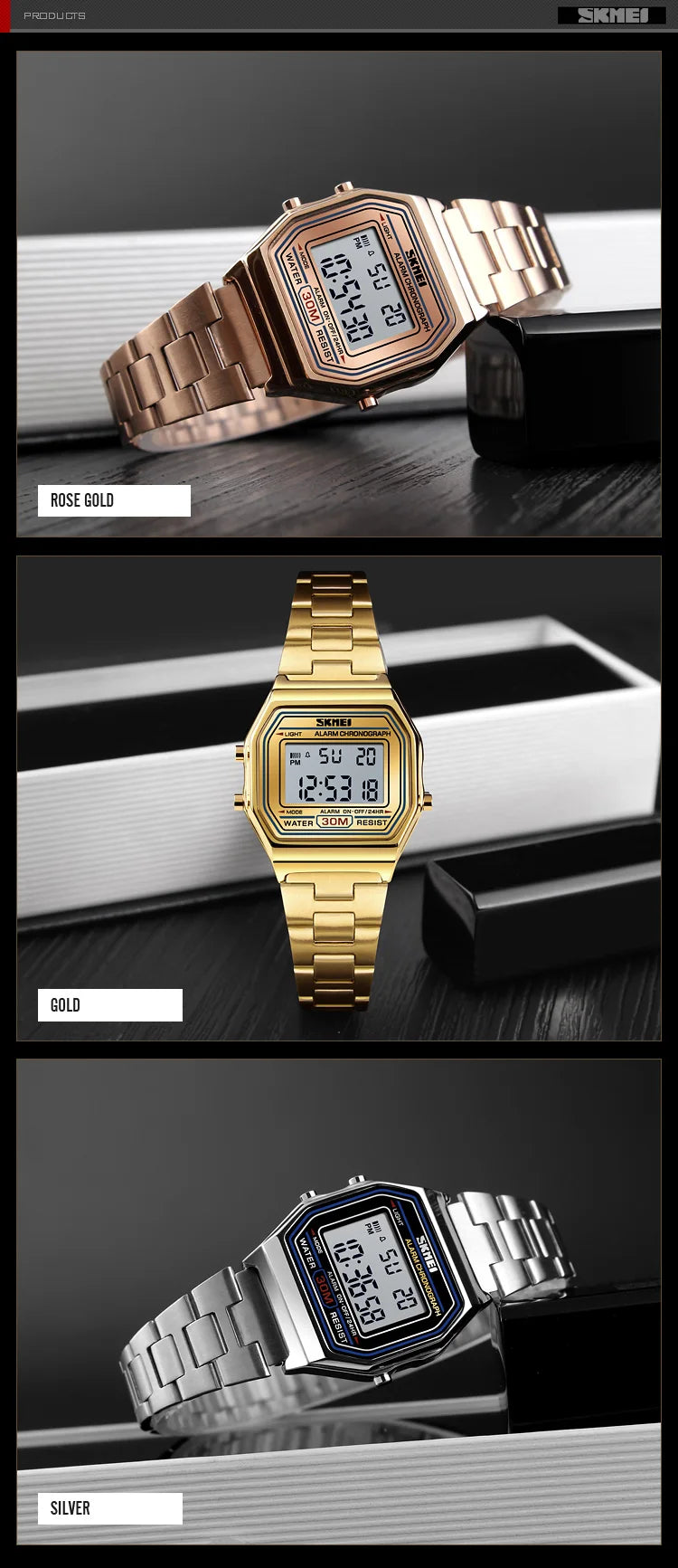 SKMEI 1415 Luxury Retro Digital Sports Watch for Women Stainless Steel Electron Waterproof Wristwatches Girl Clock Reloj Hombre